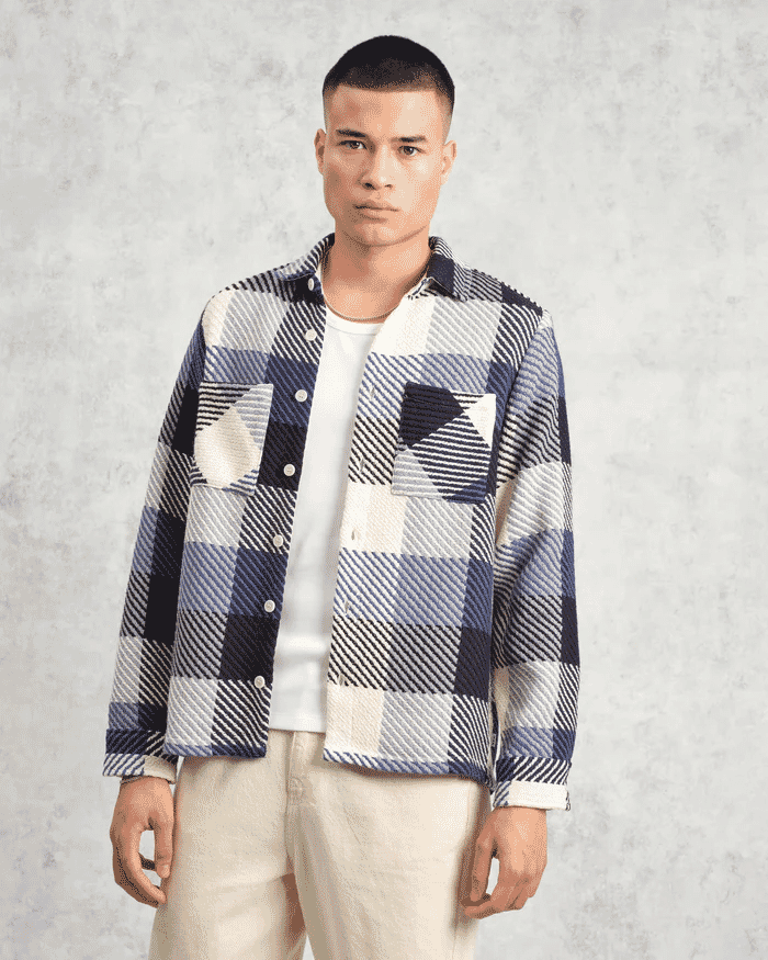 Wax London: Whiting - Navy And Ecru Block Check Overshirt