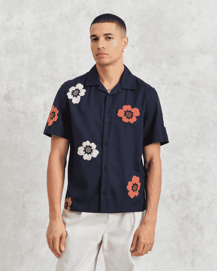 Wax London: Didcot - Navy Floral Appiqué Short-Sleeve Shirt