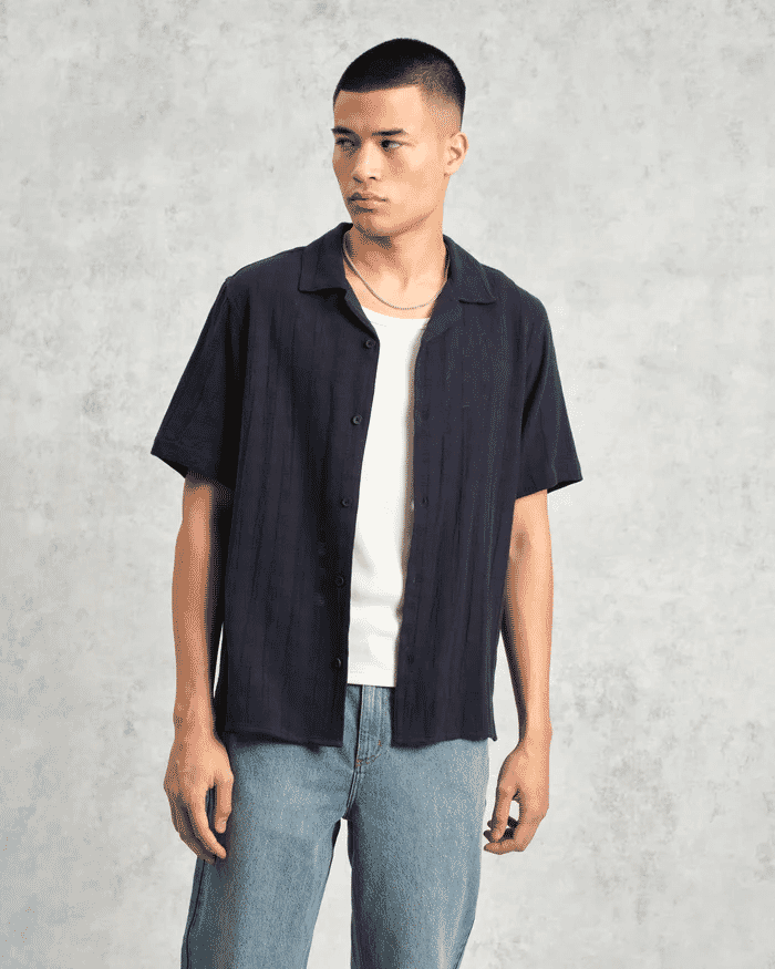 Wax London: Didcot - Navy Open Weave Short-Sleeve Cotton Shirt