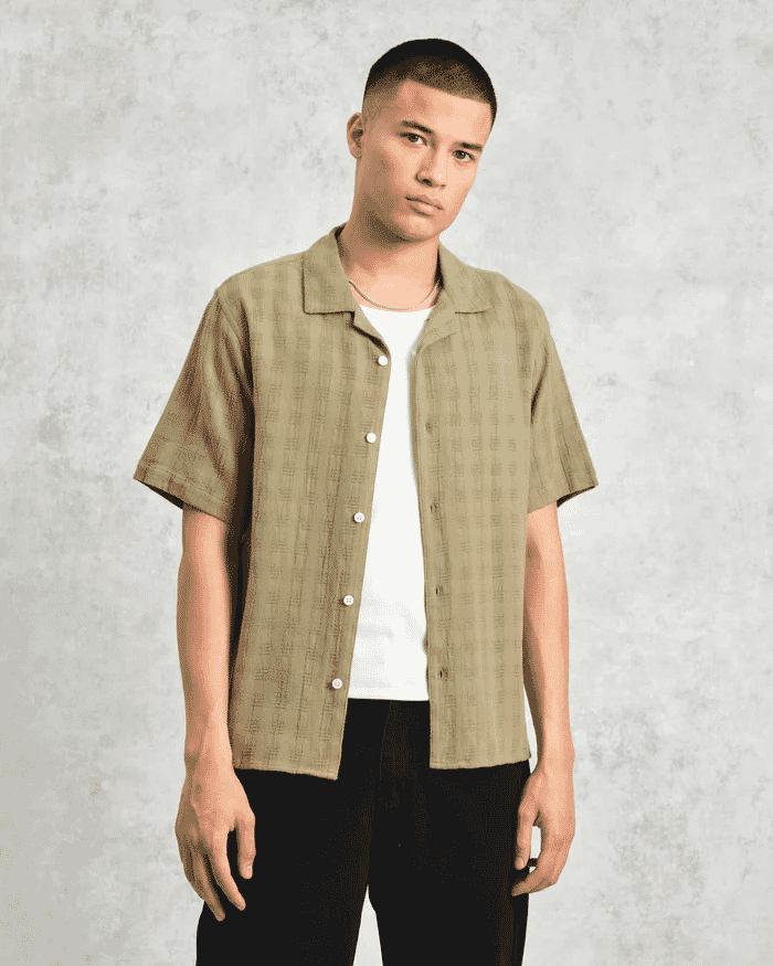 Wax London: Didcot - Khaki Open Weave Short-Sleeve Cotton Shirt