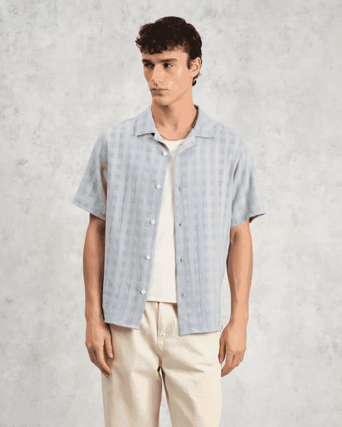 Wax London: Didcot - Blue Open Weave Short-Sleeve Cotton Shirt