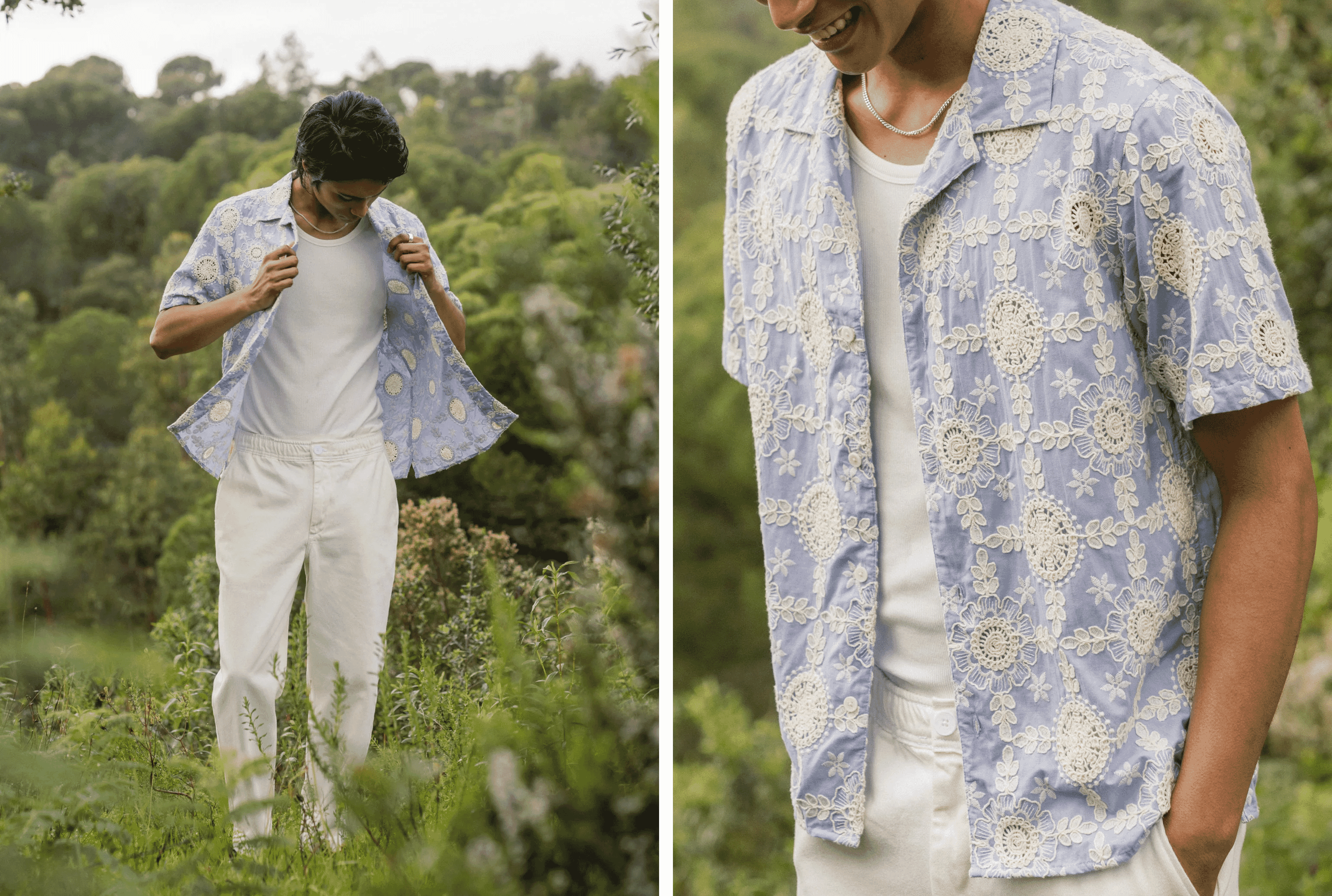 Wax London: Didcot - Pale Blue Intricate Lace Short-Sleeve Shirt