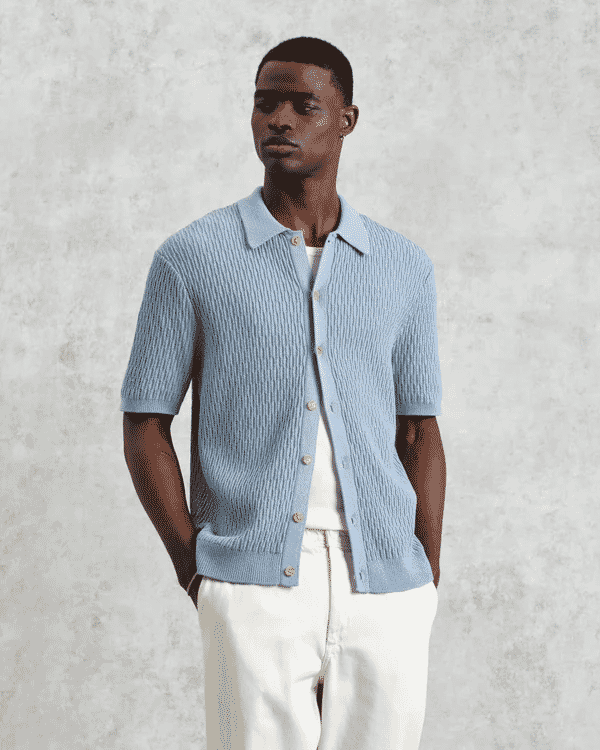 Wax London: Tellaro - Blue Honeycomb Knitted Cotton Shirt