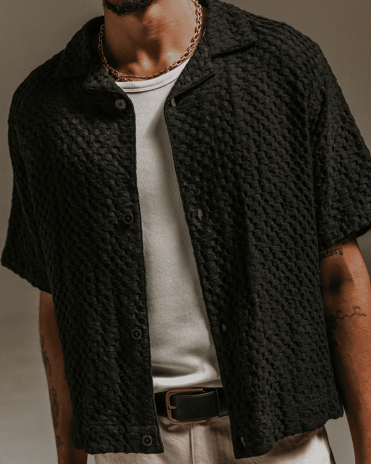 Wax London: Lido - Black Dobby Cotton Weave Short-Sleeve Shirt