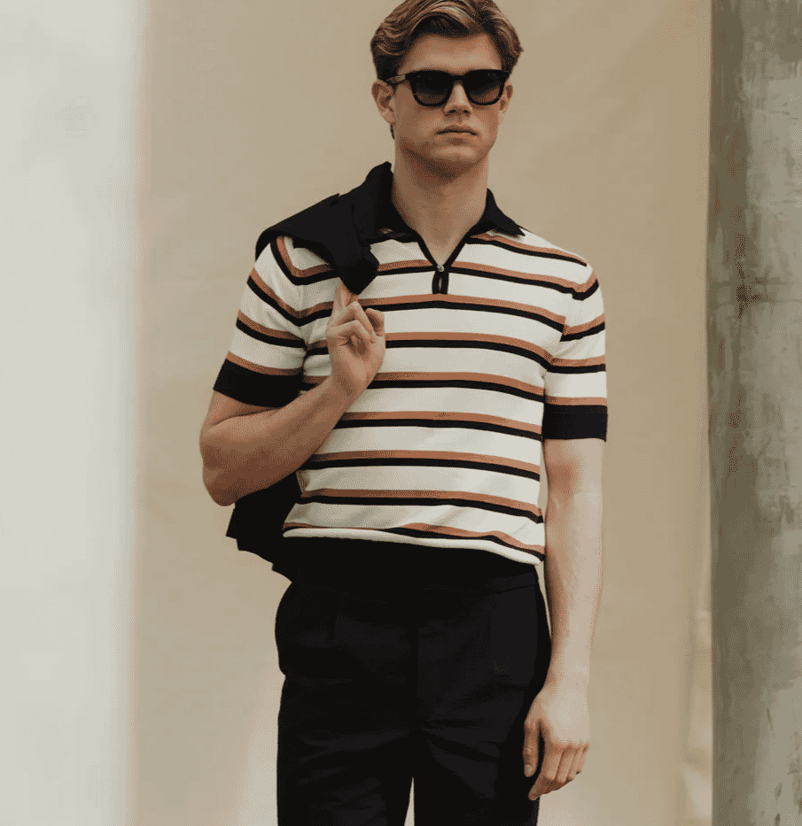 Besnard: White Caramel and Navy Striped Cotton Skipper Polo