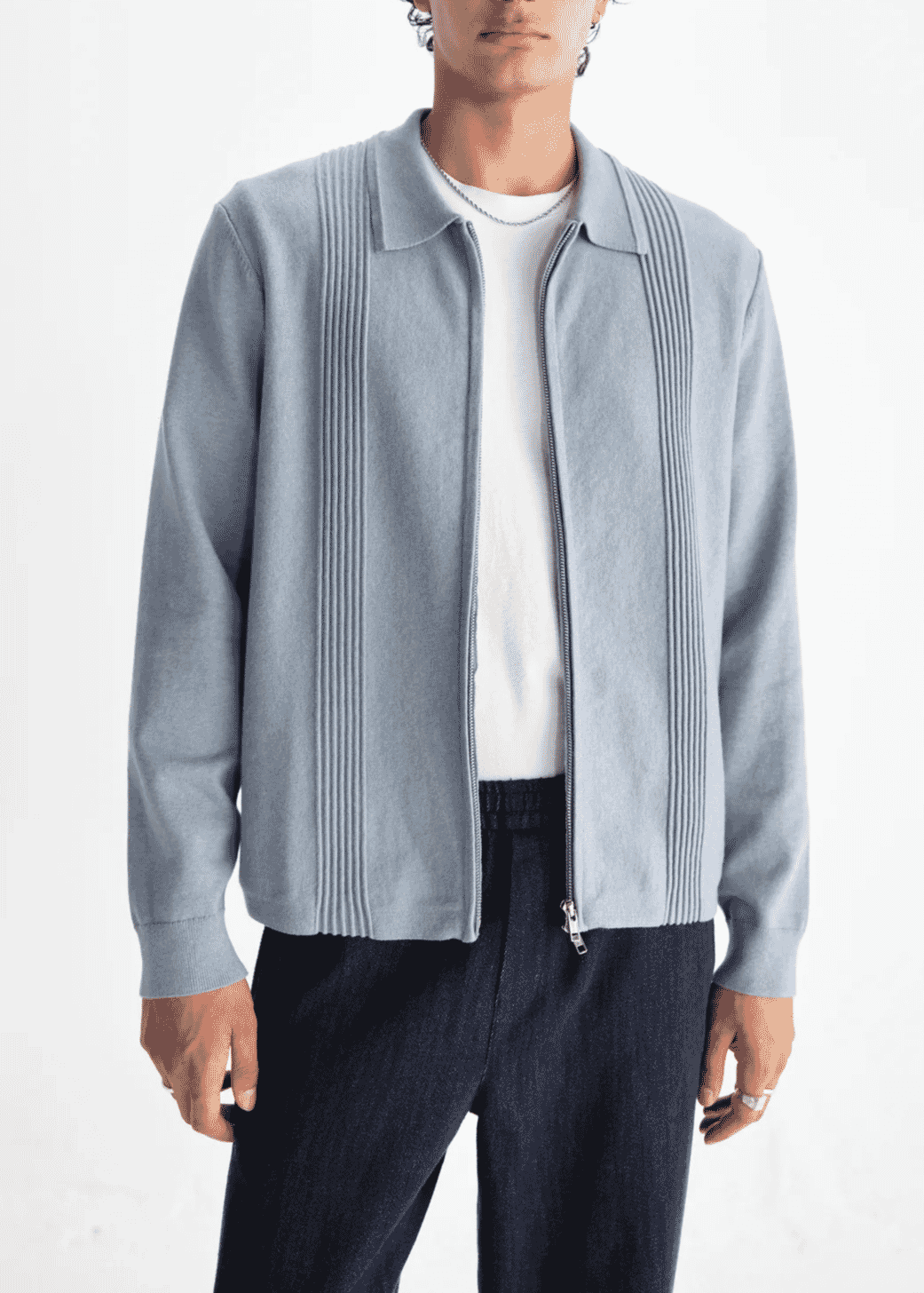 Wax London: Lennox - Grey Blue Milano Stripe Knitted Polo