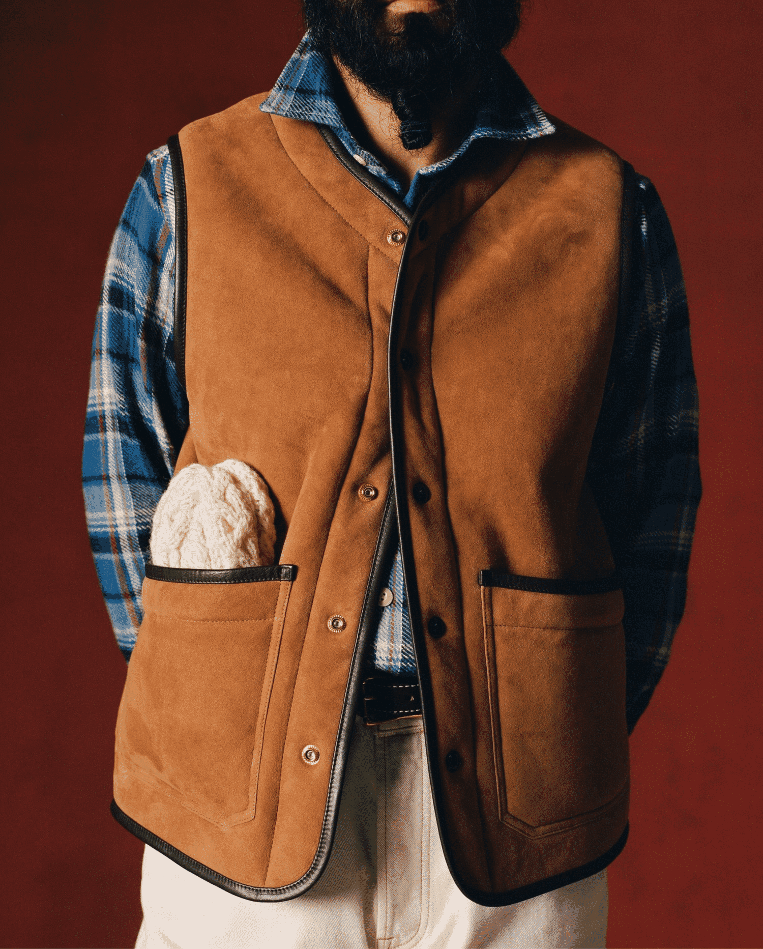 Drakes: Tan Suede Shearling Vest