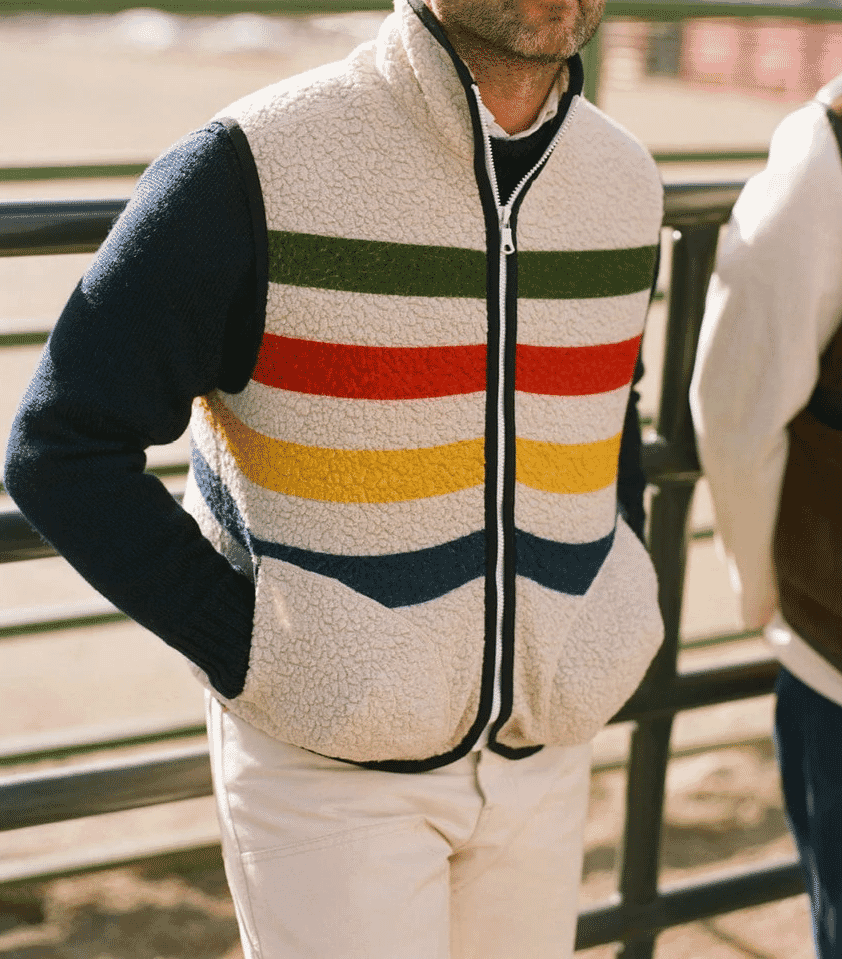 Drakes: Ecru Stripe Boucle Wool Zip Fleece Vest