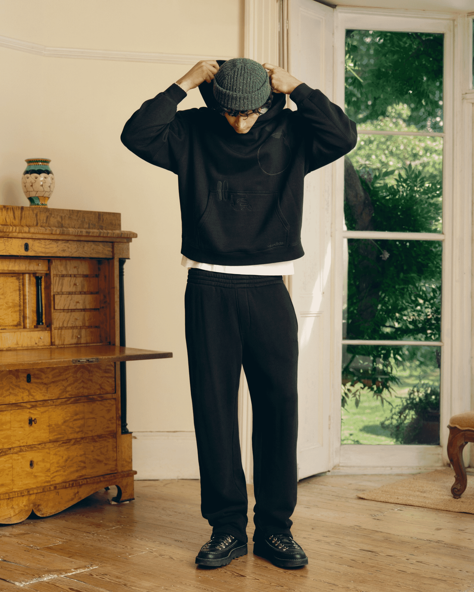 Wax London: Rydal - Black Doodle Embroidered Loopback Cotton Hoodie