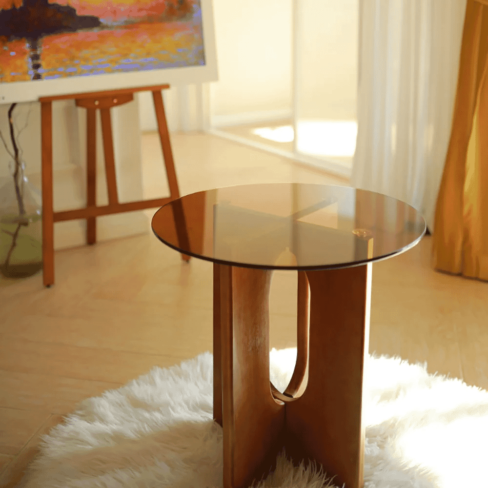Homary: Tea Tempered Glass End Table Solid Wood Side Table