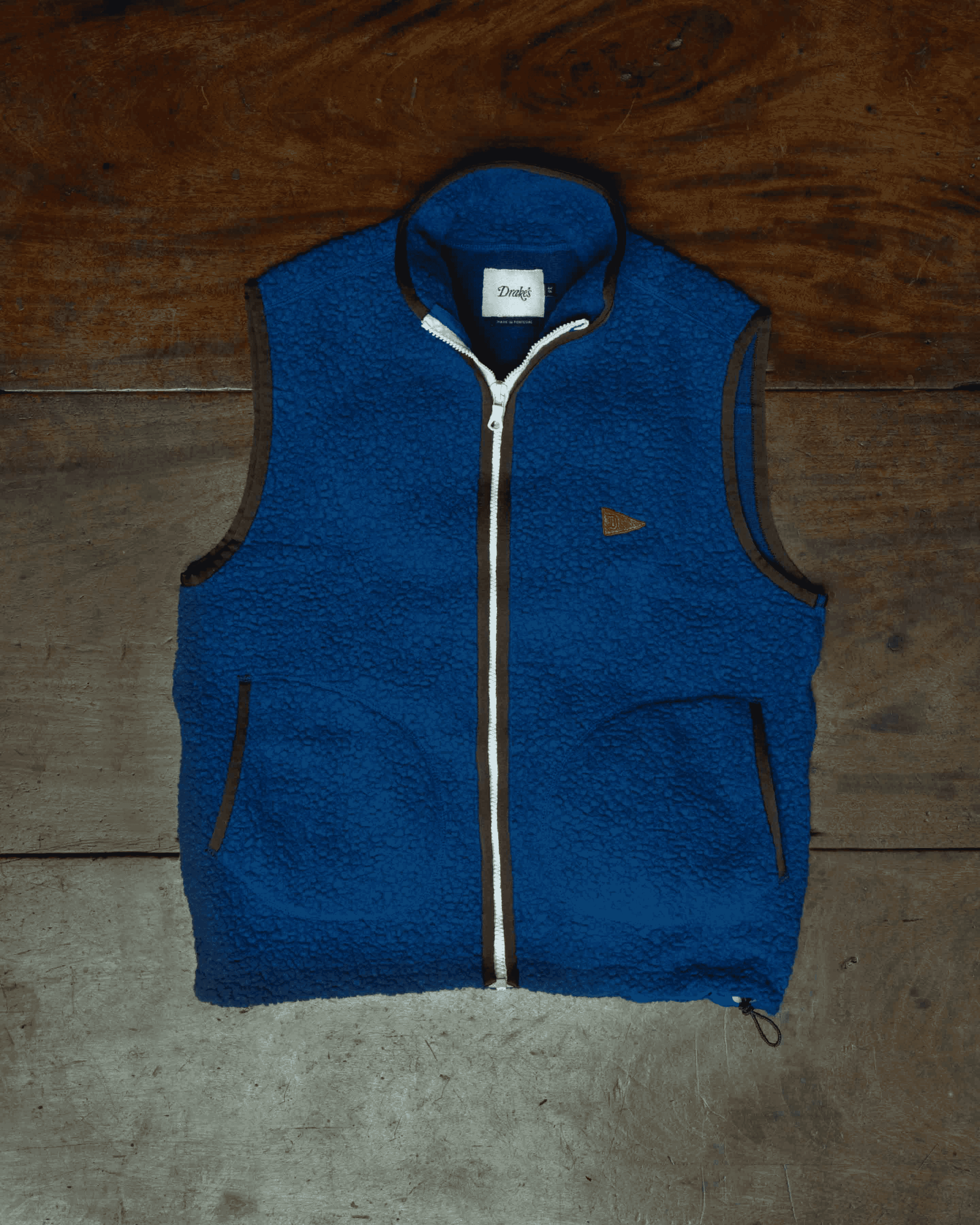 Drakes: Blue Boucle Wool Zip Vest