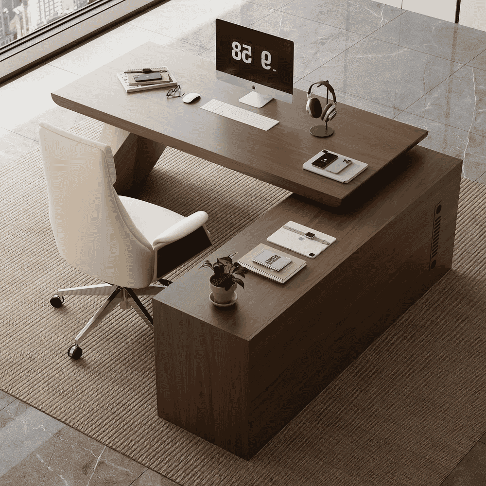 homary: Modern Walnut L-Shape Executive Desk