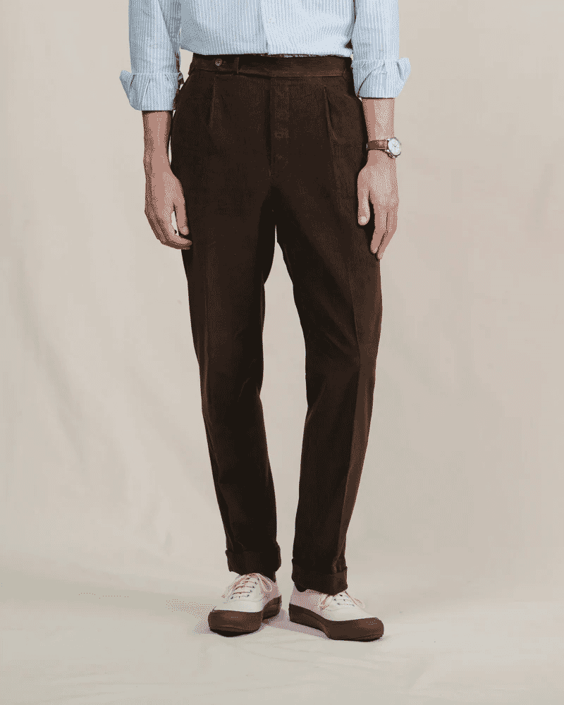 Besnard: Chocolate Brown Single Pleat Corduroy Trousers