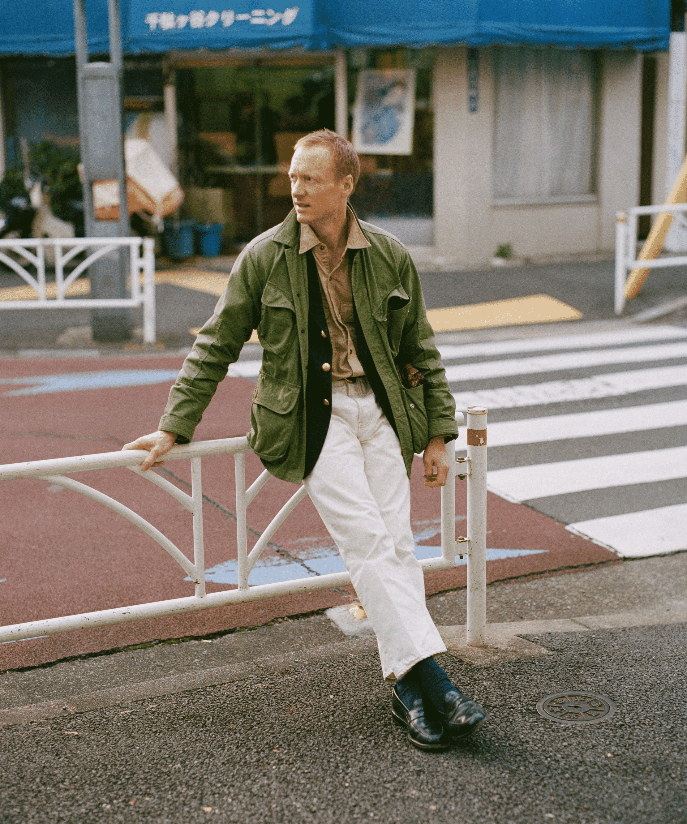 DRAKES: Olive Herringbone Cotton Jungle Jacket