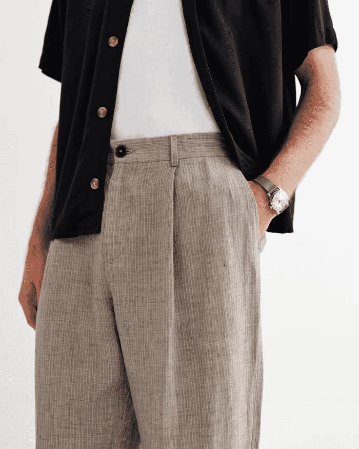 Wax London: Malham - Natural And Brown Stripe Linen Wide Fit Trousers