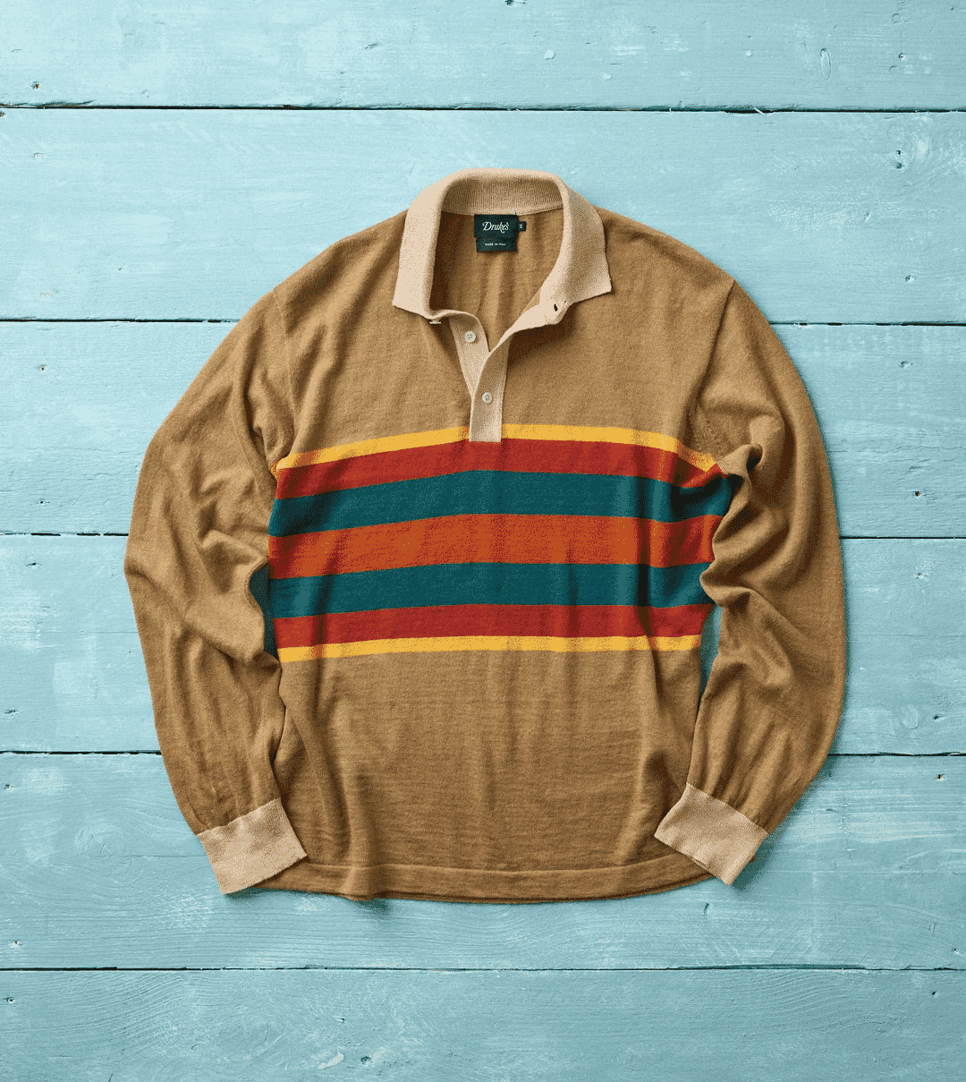 Drake's: Brown Multi Centre Stripe Linen Cotton Knitted Rugby Shirt