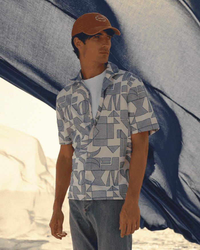 Wax London: Ecru And Blue Geometric Embroidered Short-Sleeve Shirt