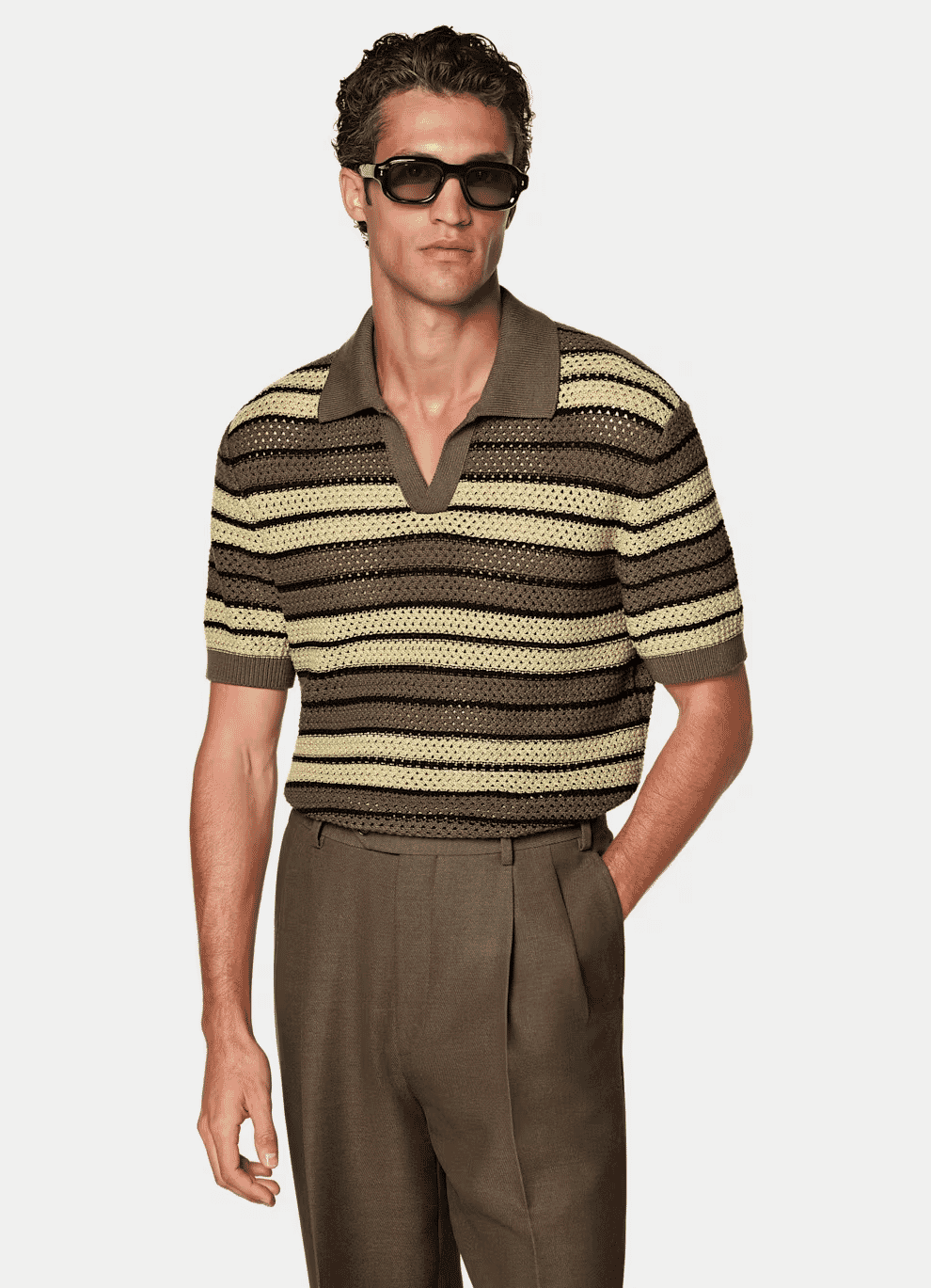 SUITSUPPLY: Striped Crochet Buttonless Polo