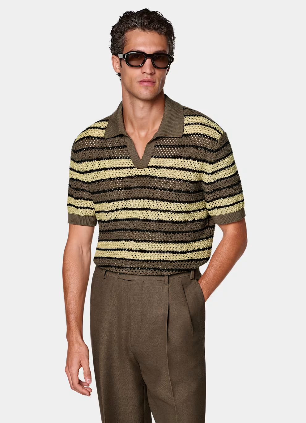 SUITSUPPLY: Striped Crochet Buttonless Polo