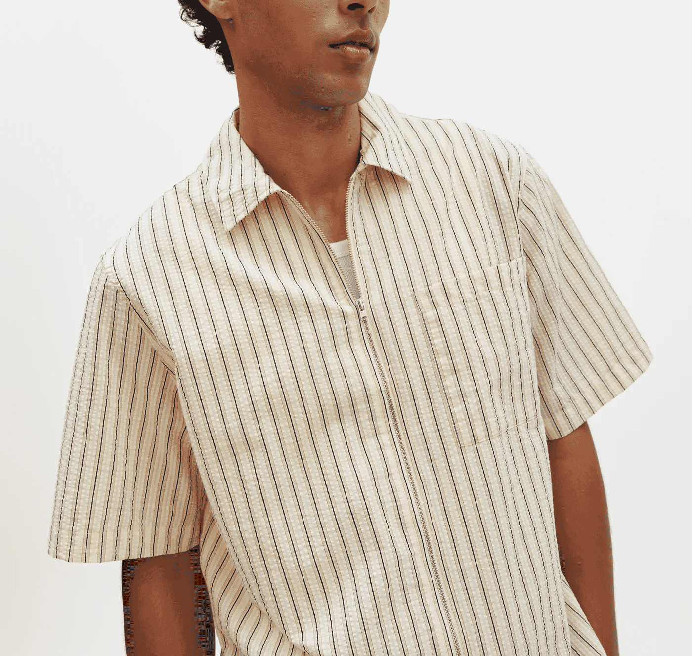 Wax London: Natural And Navy Stripe Seersucker Zip Short-Sleeve Shirt