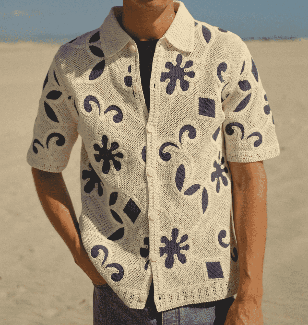 Wax London: Porto - Ecru And Navy Doodle Crochet Knitted Shirt