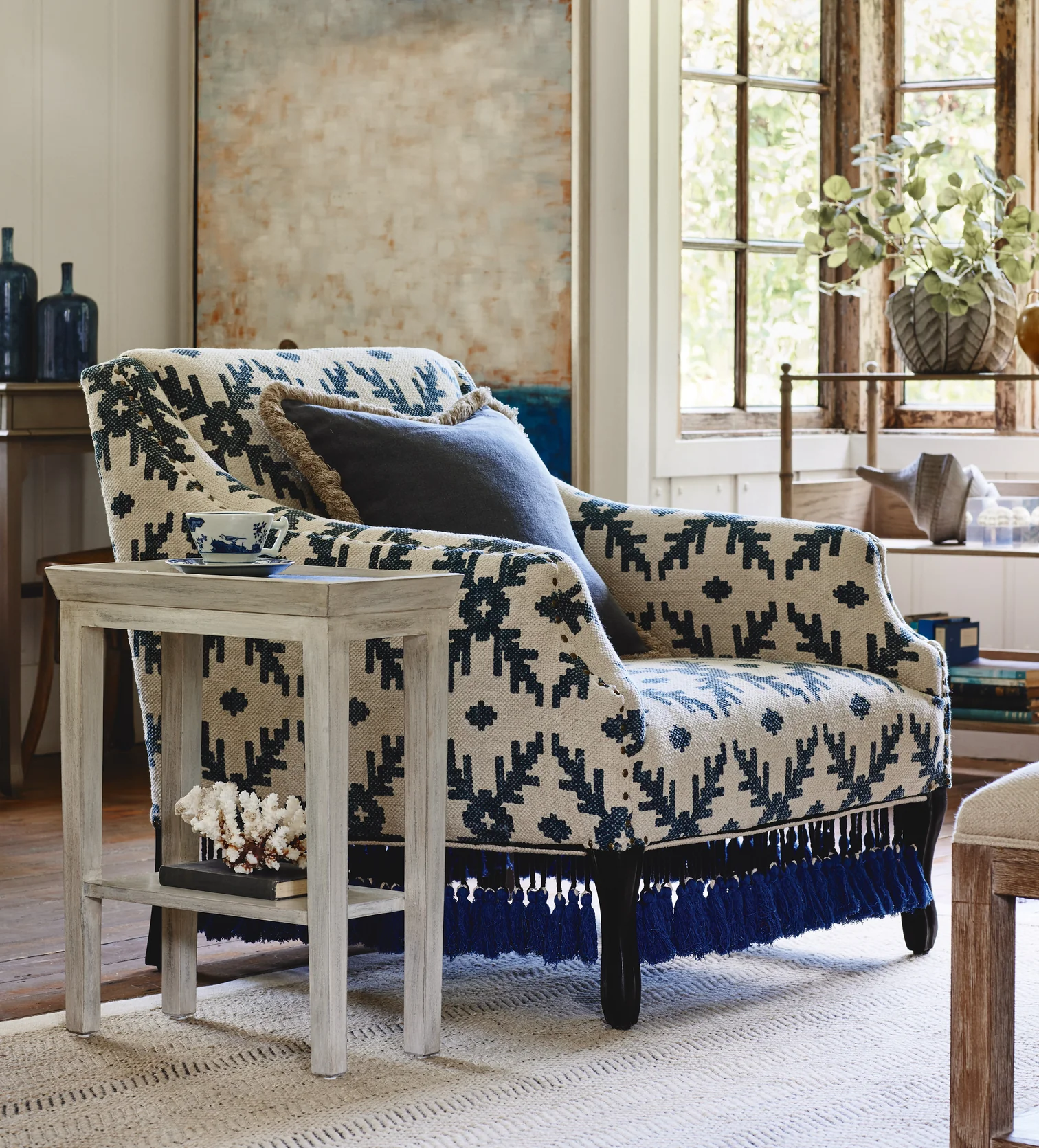 oka: Tarma Lazaret Cotton Armchair - Midnight Blue/Off-White