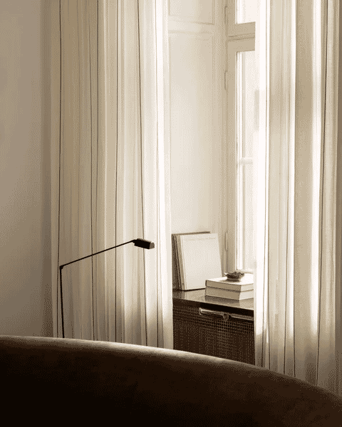 Nordic Knots: The Sheer Stripe – Pale Sand/Black Curtains