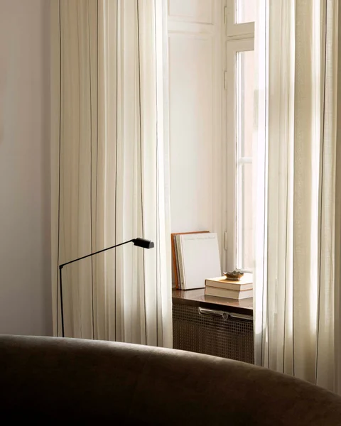 Nordic Knots: The Sheer Stripe – Pale Sand/Black Curtains