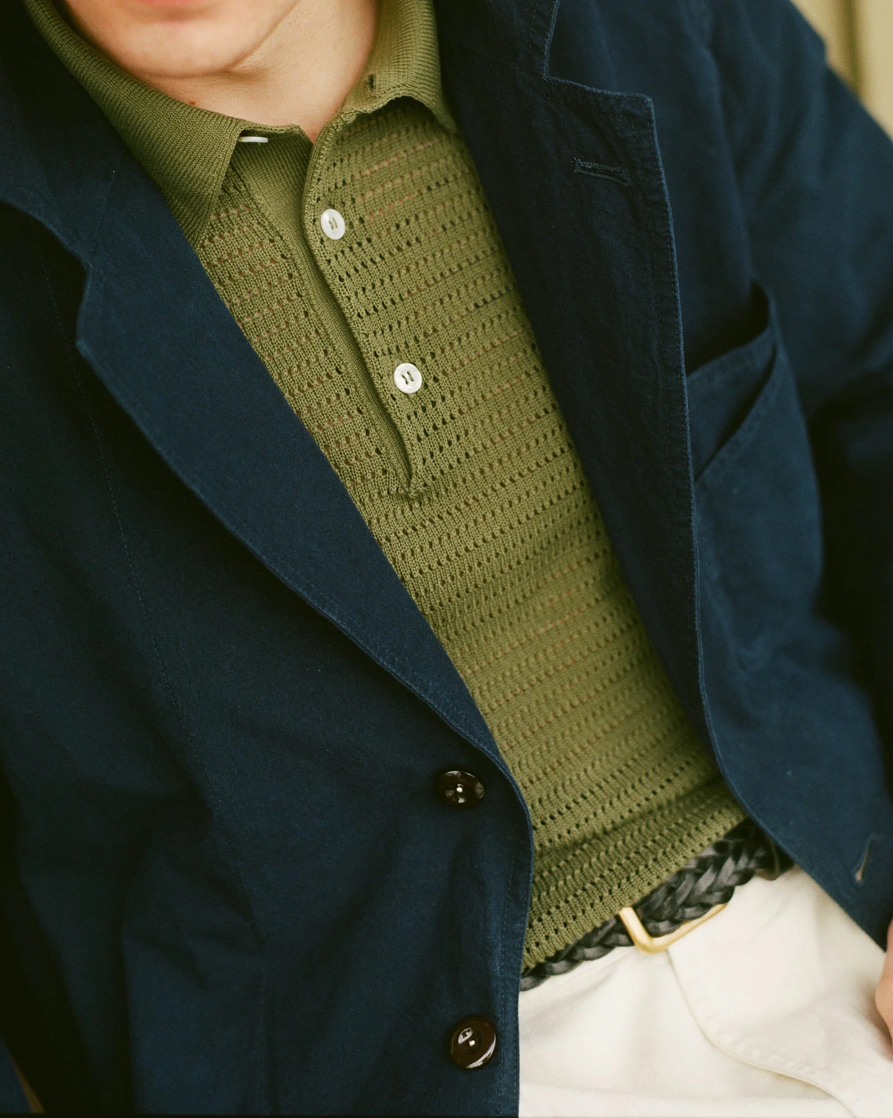 Drake's: Olive Waffle Knit Cotton Short-Sleeve Polo Shirt