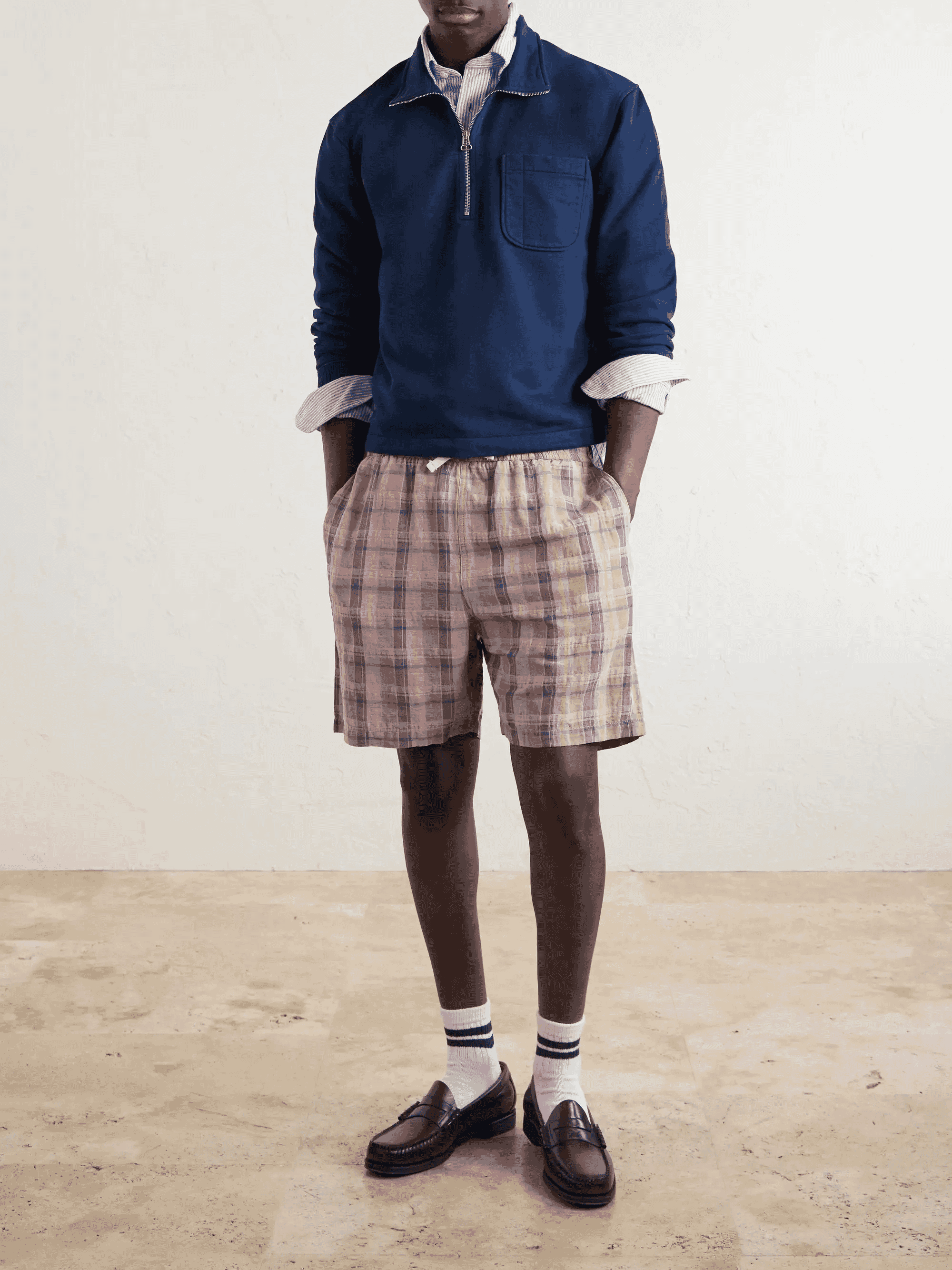 DRAKE'S: Straight-Leg Checked Linen And Cotton-Blend Drawstring Shorts