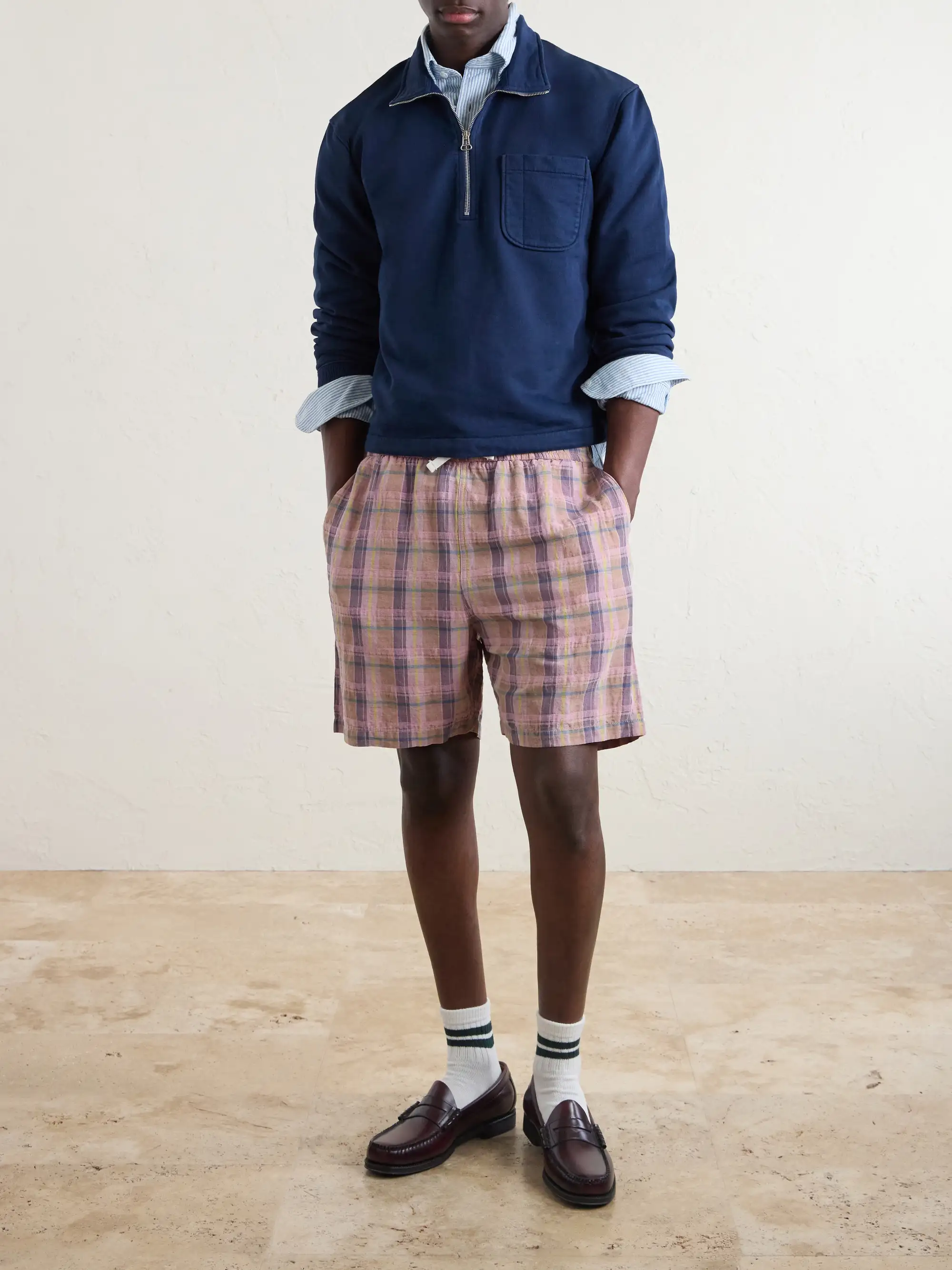 DRAKE'S: Straight-Leg Checked Linen And Cotton-Blend Drawstring Shorts