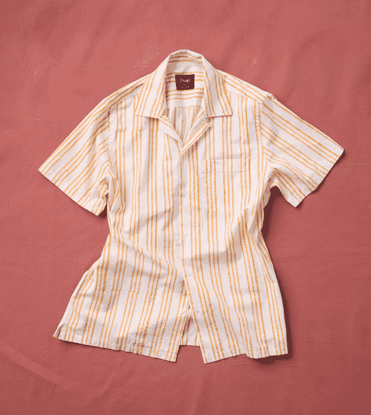 Drake's: Yellow Triple Stripe Block Print Cotton Camp Collar Short Sleeve Shirt