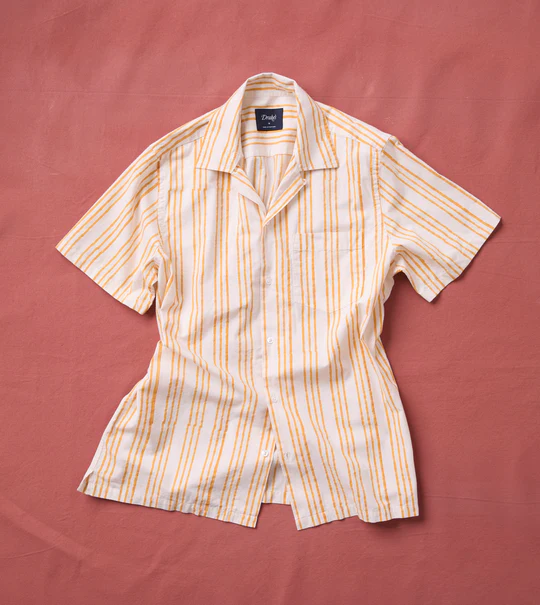 Drake's: Yellow Triple Stripe Block Print Cotton Camp Collar Short Sleeve Shirt