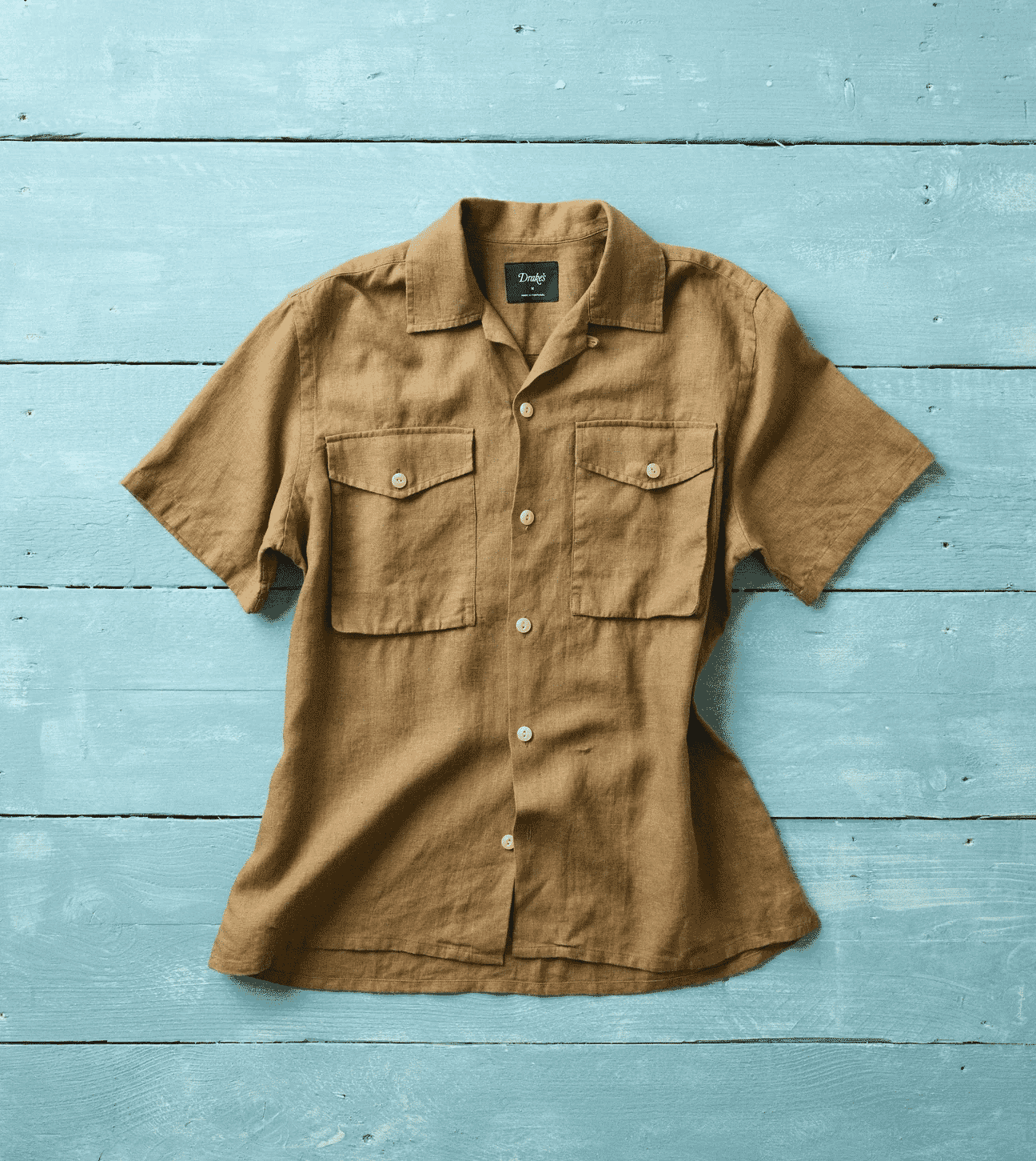 Drake's: Khaki Linen Short Sleeve Camp Collar Military Shirt