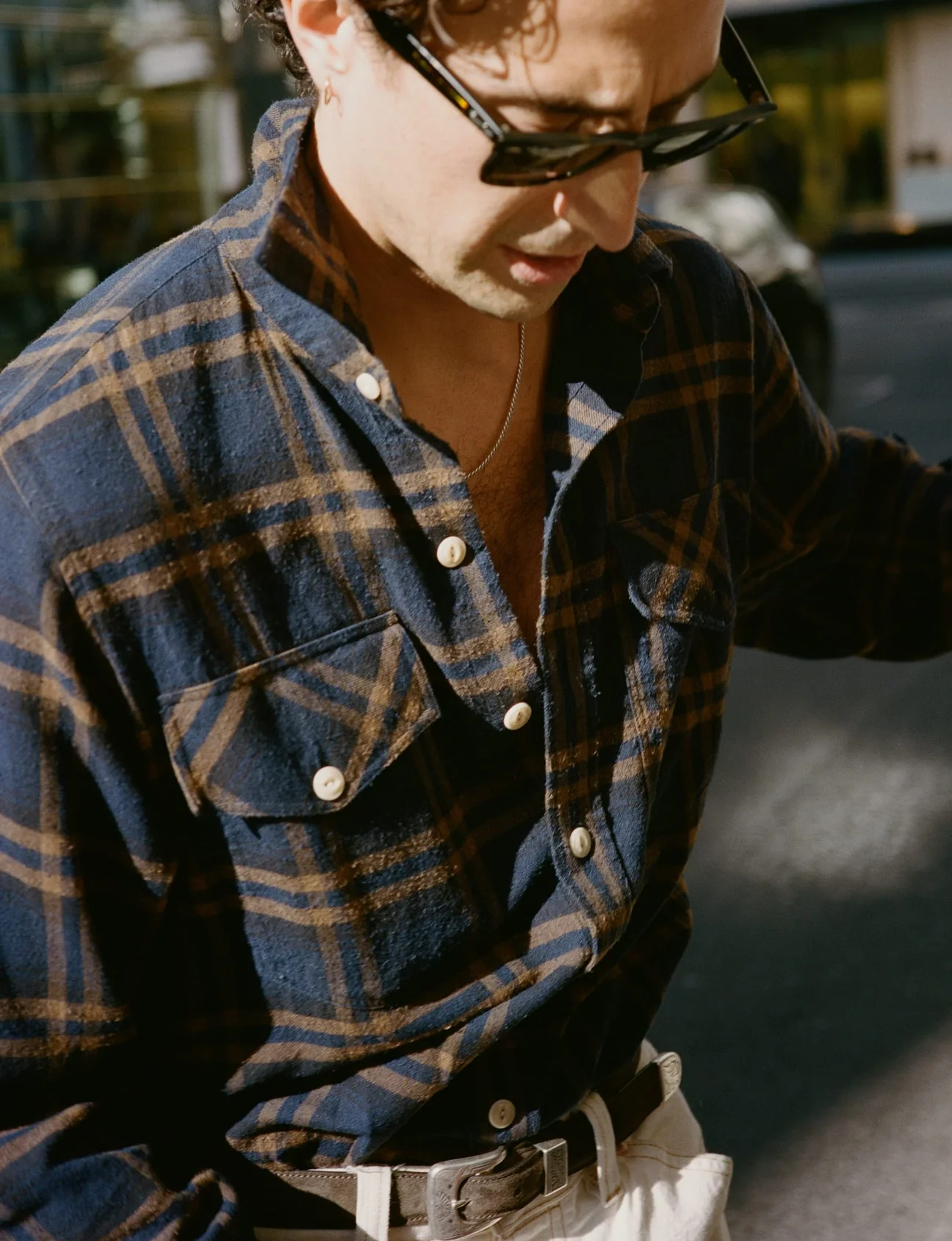 Drake's: Navy and Brown Check Cotton-Silk Shirt