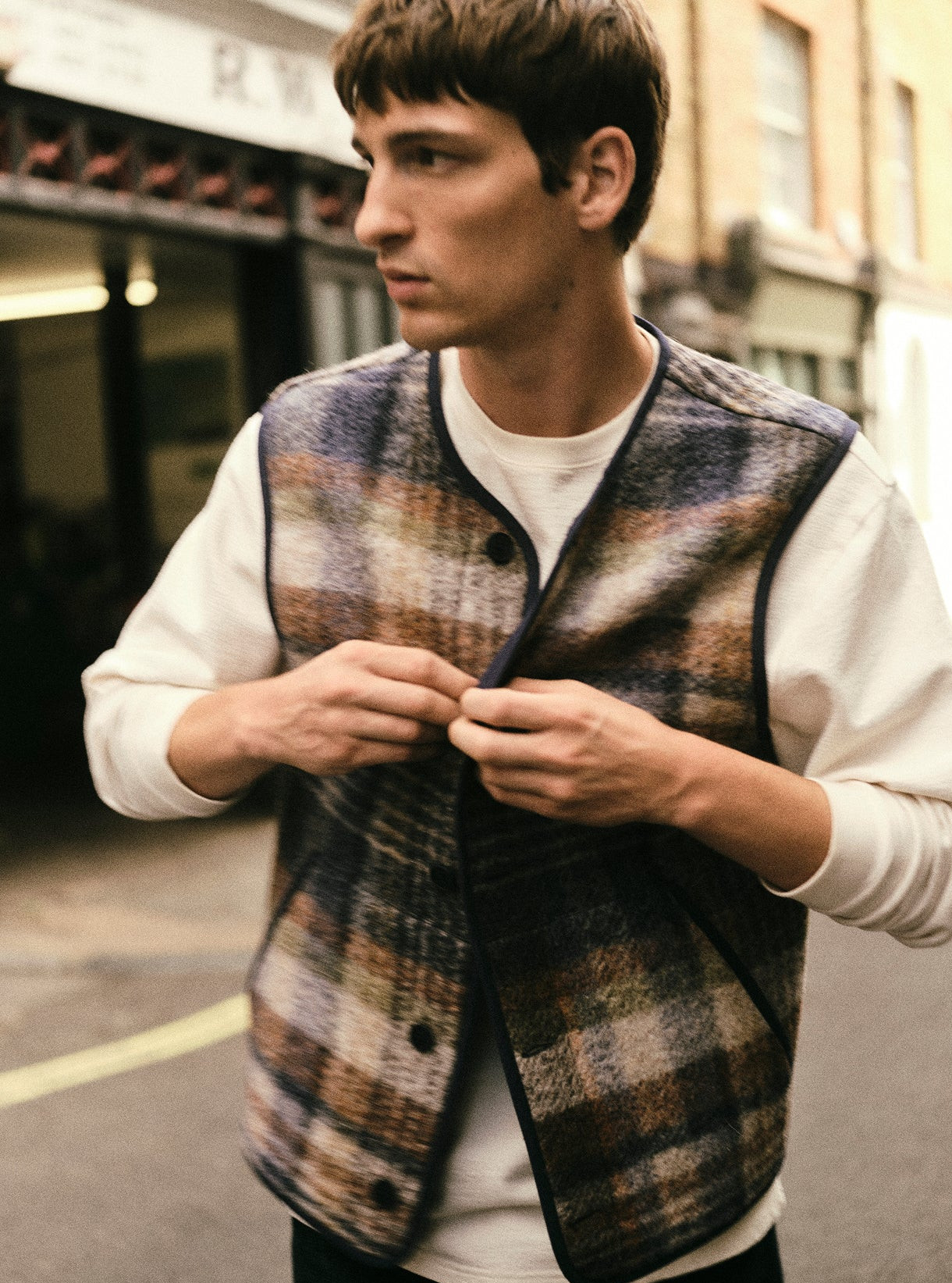 Wax London: Gower - Oatmeal And Multicolour Check Wool Gilet