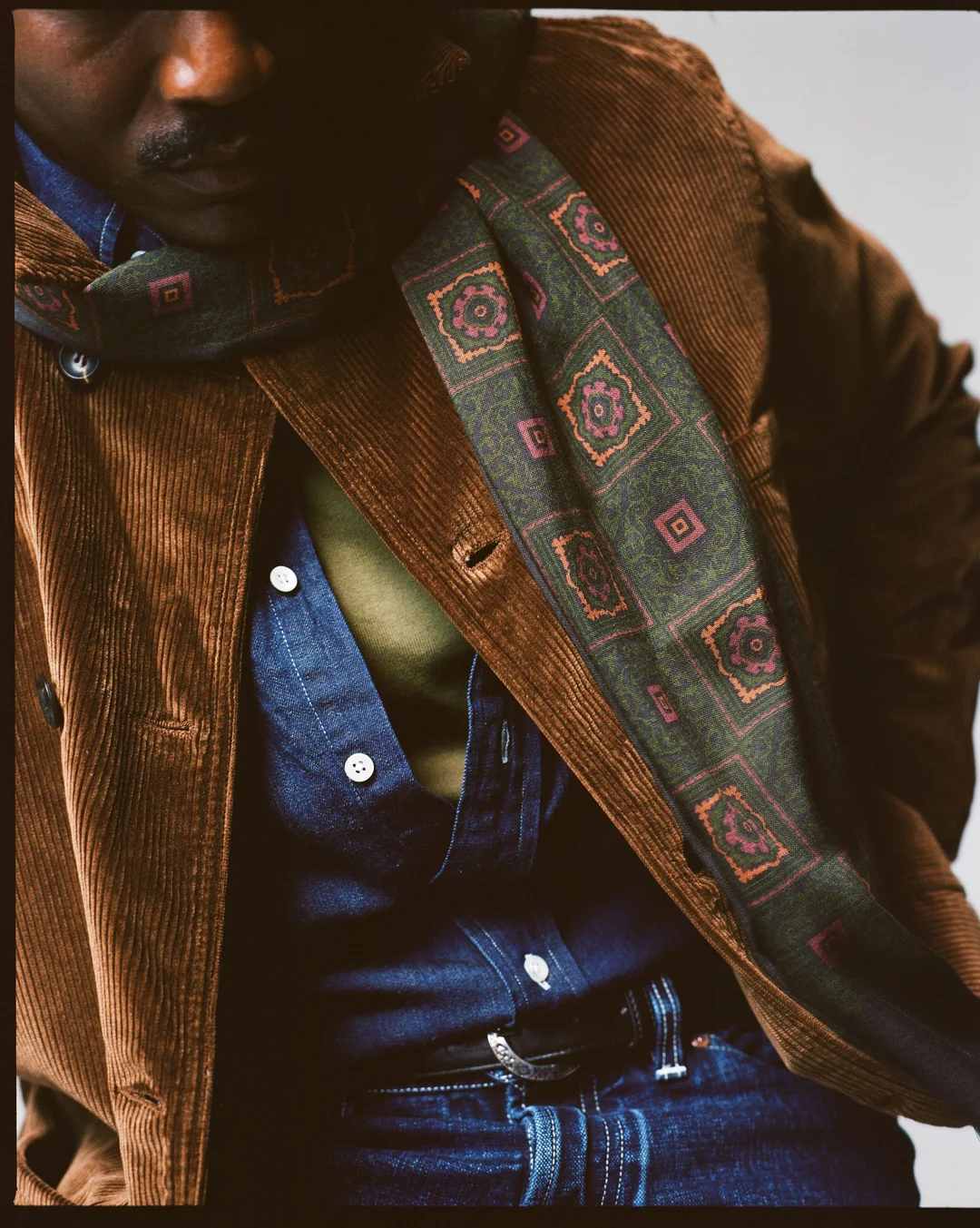 Drake's: Dark Green and Brown Medallion Print Tubular Wool-Silk Scarf