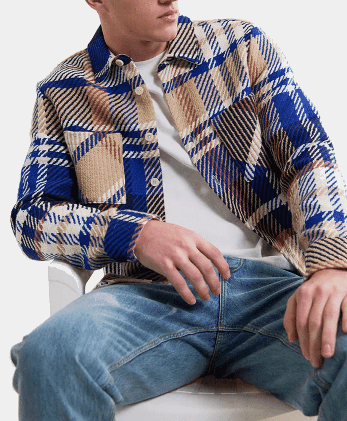 Wax London: Whiting - Blue And Tan Bold Check Overshirt