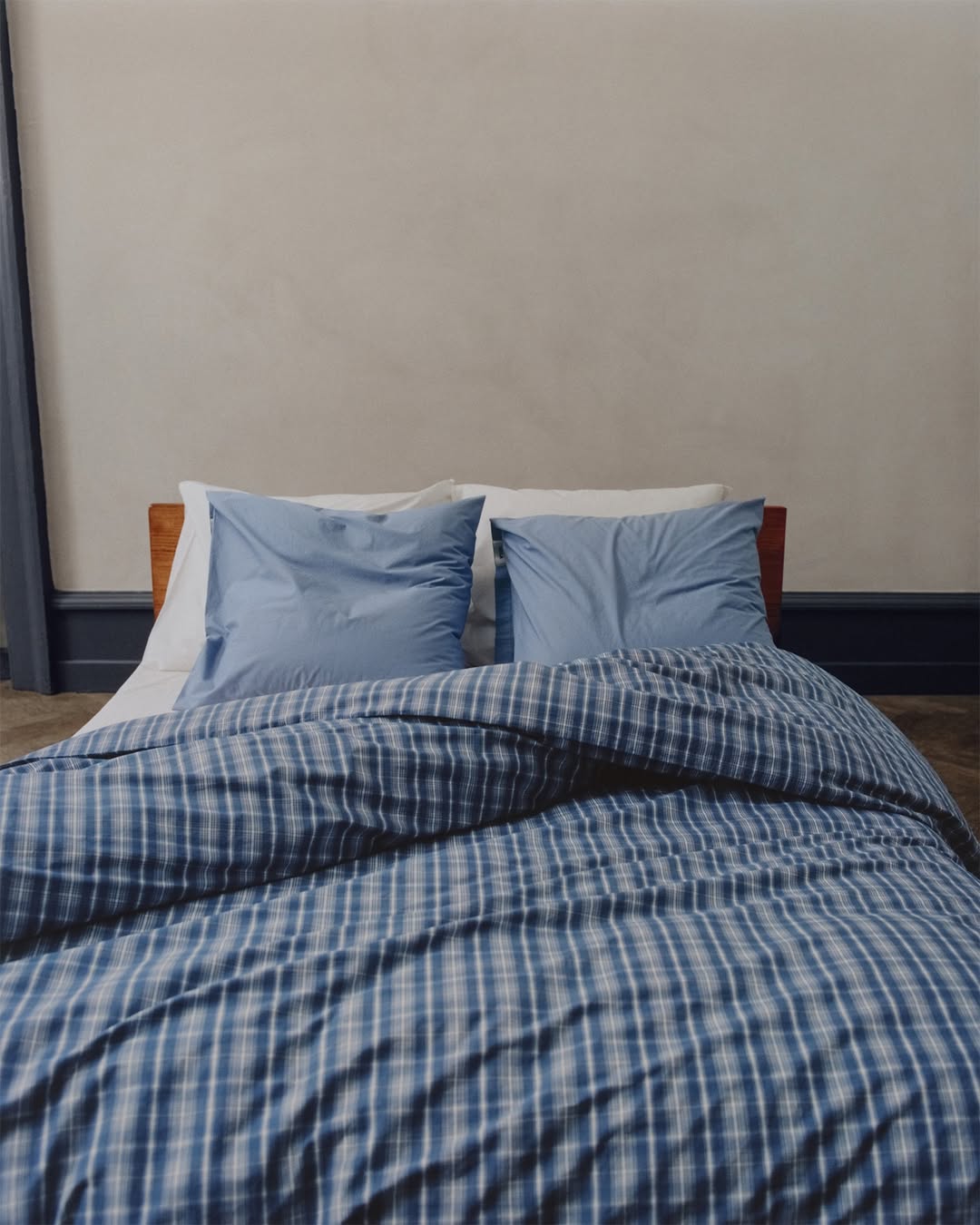 TEKLA: Percale Checked Super-King Cotton Duvet Cover