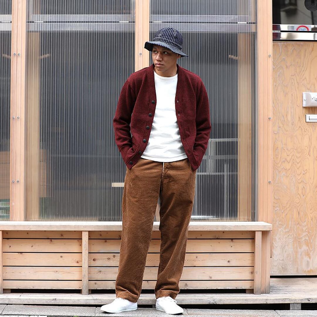 Jelado Brown Trousers Red Bomber Jacket Bucket Hat