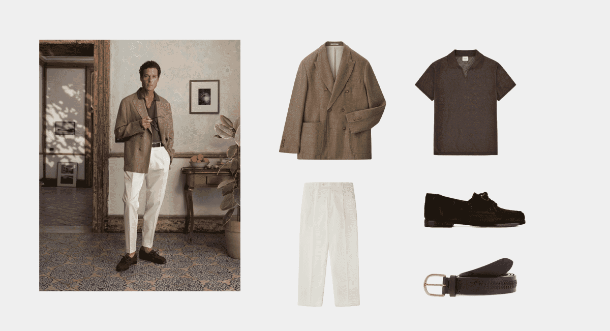 Velasca Double Breasted JacketAs seen above Double Breasted Jacket, Short Sleeved Polo, Pleated Chinos, Suede Loafer, Leather Belt