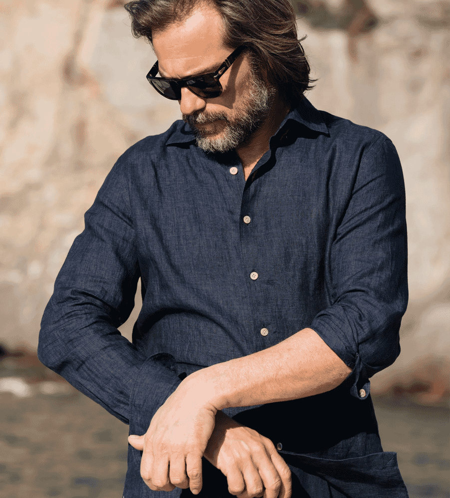 Navy Blue Color Blended Linen Shirt For Men's