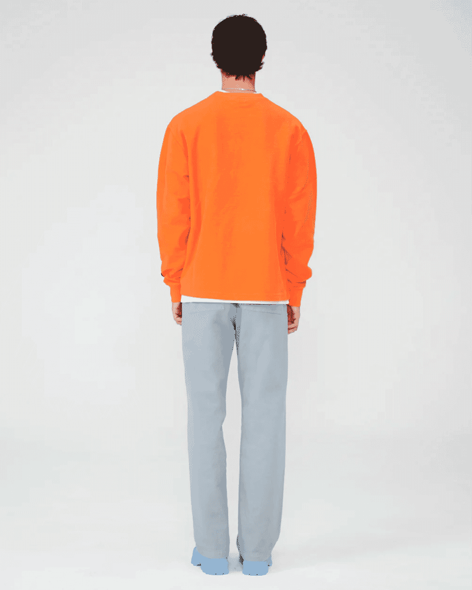 Orange Sweatshirt and Gray Trousers Blue Crocs