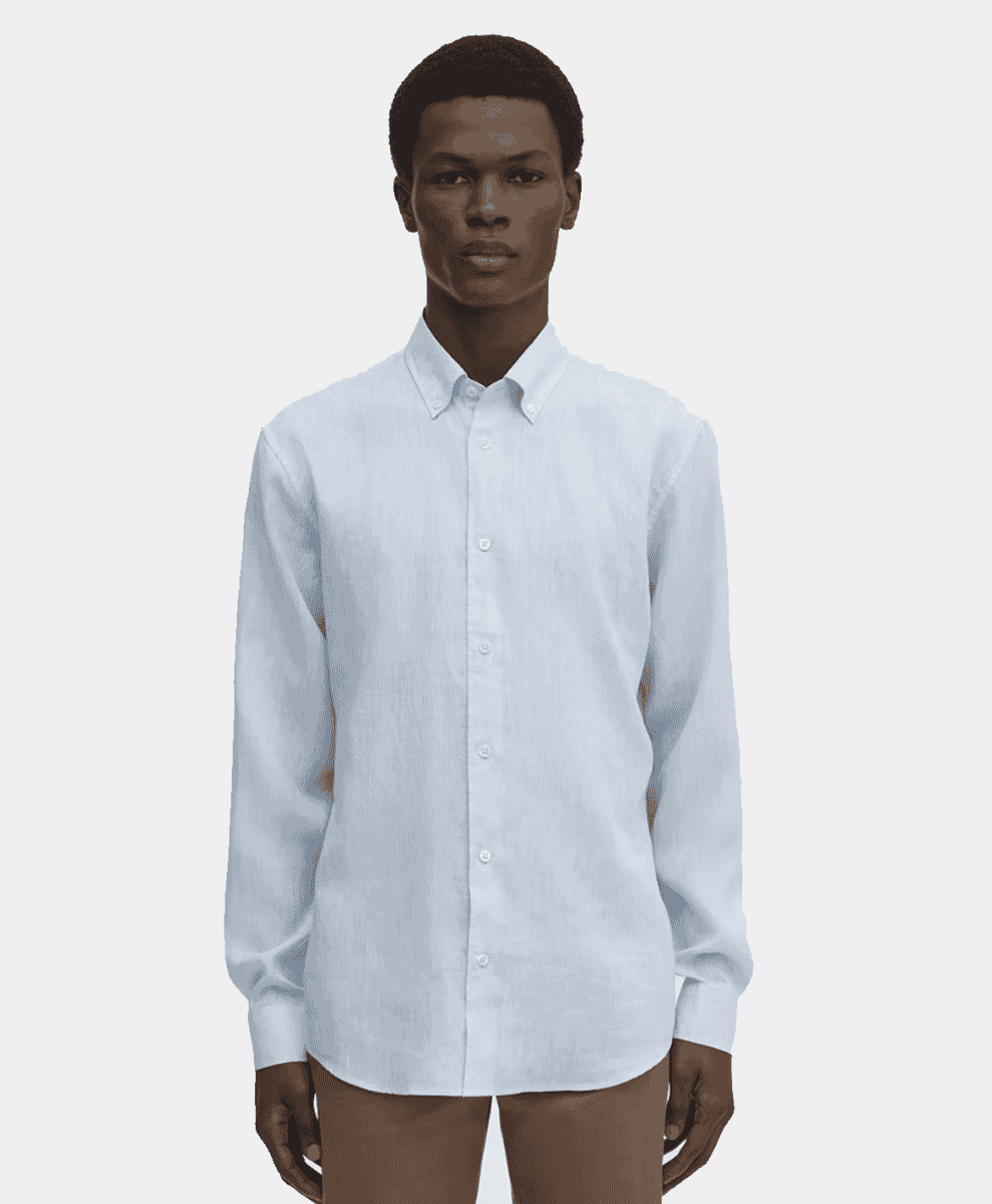 Mens summer capsule wardrobe asket navy linen shirt