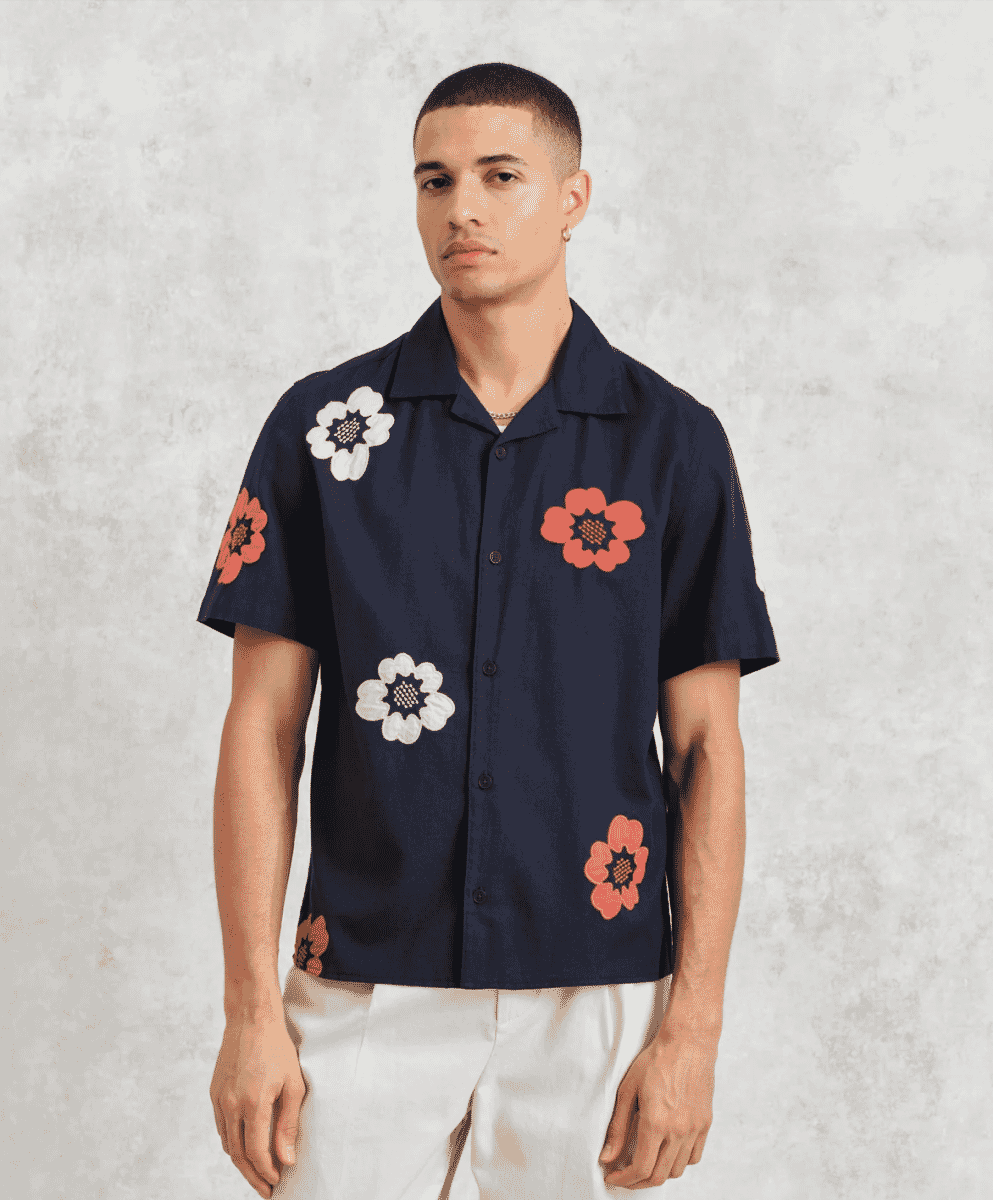 Didcot - Navy Floral Applique Short-Sleeve Shirt
 wax london