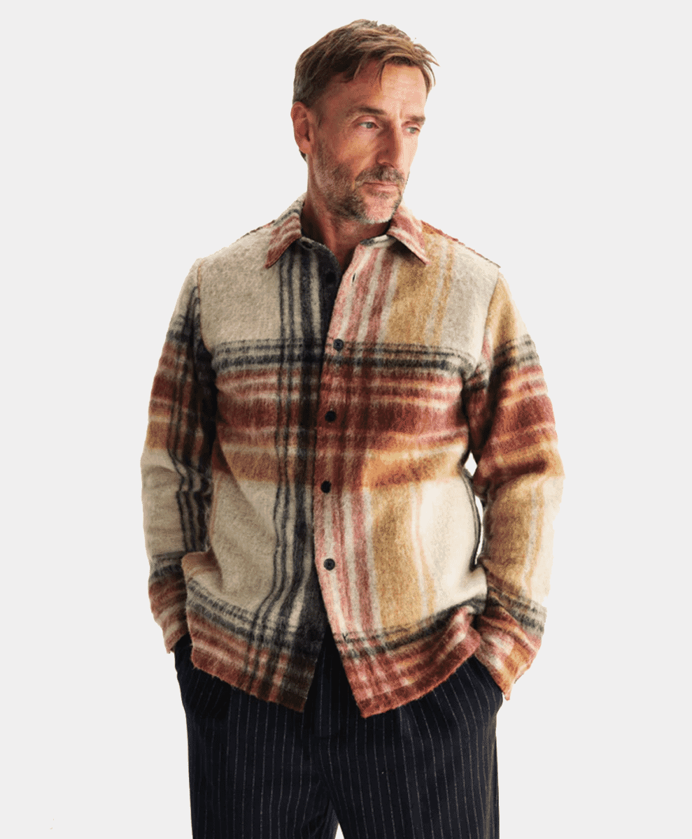Nolan - Natural And Multicolour Check Wool Overshirt WAX LONDON