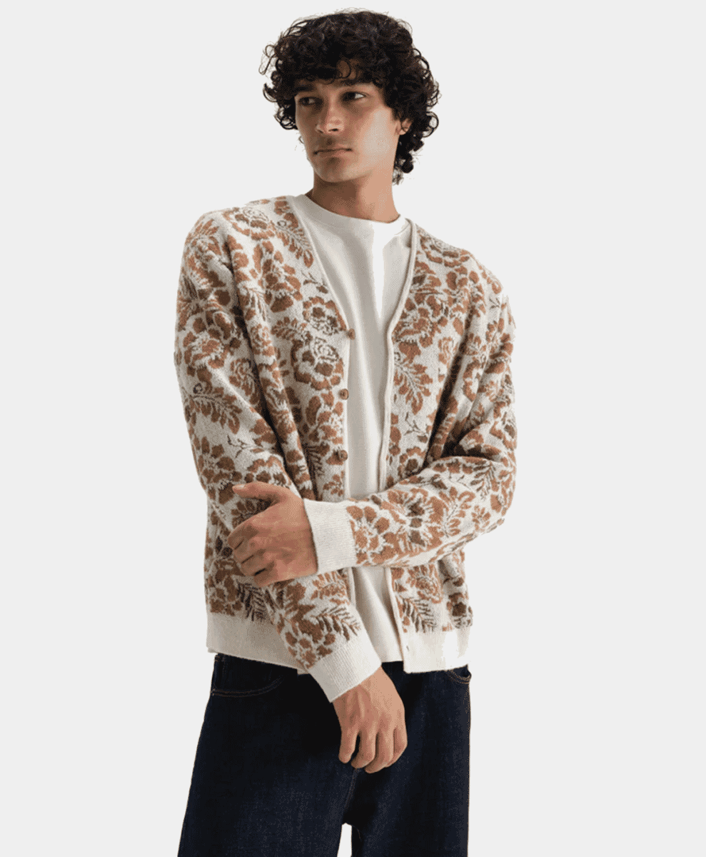 Wax london Alban - Natural And Brown Floral Textured Jacquard Cardigan