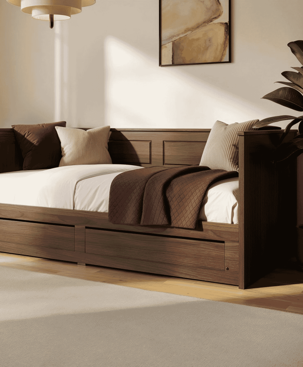 Double Wooden Day Bed with Trundle and Storage in Walnut - Lincoln