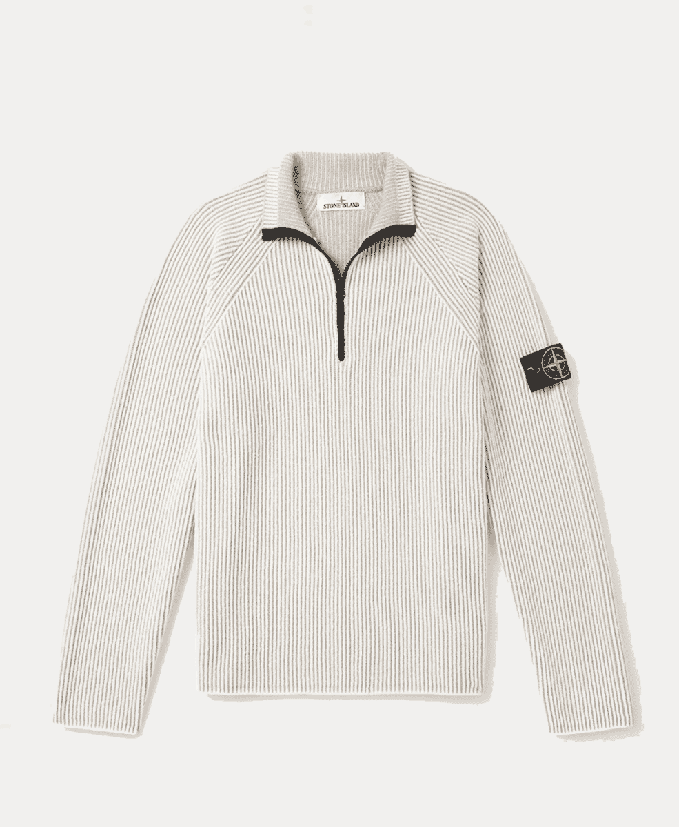 STONE ISLAND
Logo-Appliquéd Ribbed Wool-Blend Half-Zip Sweater