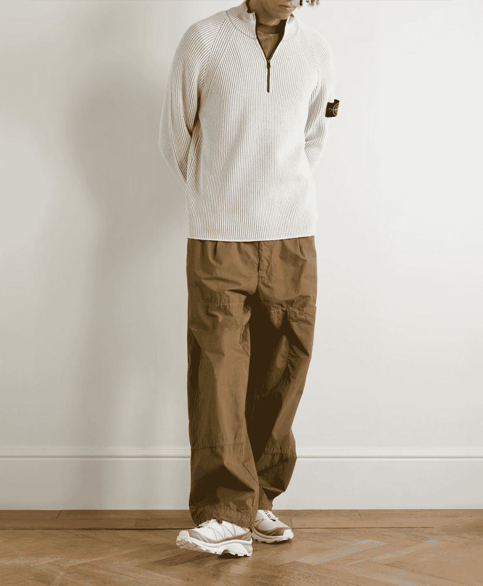 STONE ISLAND
Logo-Appliquéd Ribbed Wool-Blend Half-Zip Sweater